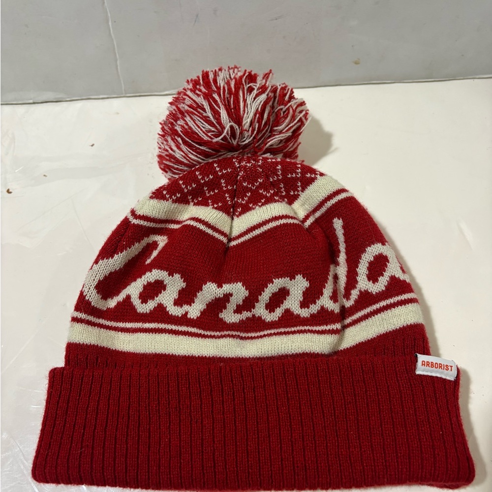 Arborist Canada  Red and White Knit Beanie with Pom Pom